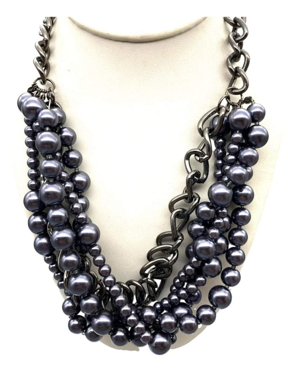 Fabulous Multi Strand Glass Pearl and Chunky Chain Twist Necklace, Lustrous
